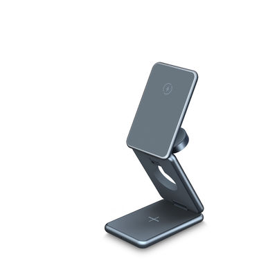 Buon prezzo 3 in 1 corpo in lega di alluminio tutto metallo portatile pieghevole telefono magnetico auricolari orologio caricabatterie wireless 15w in linea