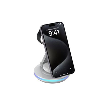 Buon prezzo 15W wireless phone charger stand con design pieghevole 3W earphone di ricarica in linea