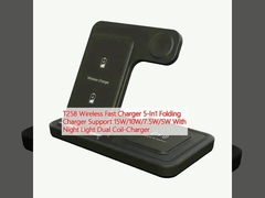 T258 caricabatterie veloce wireless 5-in1 supporto del caricabatterie pieghevole 15W/10W/7.5W/5W con caricabatterie a doppia bobina di luce notturna